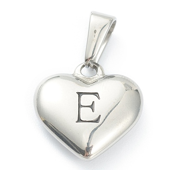 304 Stainless Steel Pendants, Heart with Black Letter, Stainless Steel Color, Letter.E, 16x16x4.5mm, Hole: 7x3mm