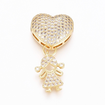 Brass Micro Pave Clear Cubic Zirconia Pendants, Long-Lasting Plated, Heart & Girl, Golden, 13x15x6mm, Hole: 4x1mm, Girl: 15x12x1.5mm