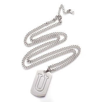304 Stainless Steel Split Initial Pendant Necklaces, with Lobster Claw Clasps and Curb Chains, Rectangle with Letter, Letter.U, 27.55 inch(70cm), Pendant: 41x23x2mm