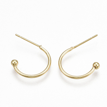 Brass Stud Earrings, Half Hoop Earrings, Real 18K Gold Plated, 15x20x3mm, Pin: 0.7mm