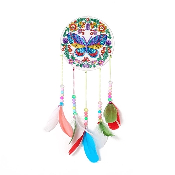 DIY Diamond Painting Woven Net/Web with Feather Pendants Decoration Kits, including Acrylic Rhinestone, Random Color Acrylic Beads & Feather Pendants, Diamond Sticky Pen, Tray Plate and Glue Clay, Butterfly Pattern, Plate: 146mm