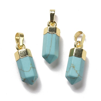 Synthetic Turquoise Pendants, with Brass Findings, Bullet, Golden, 19~21x7mm, Hole: 4x6mm