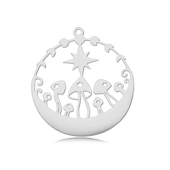 Autumn Theme 201 Stainless Steel Pendants, Laser Cut, Mushroom, Stainless Steel Color, 32.5x30x1mm, Hole: 1.6mm