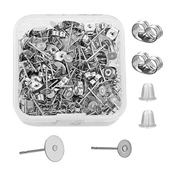 DIY Earring Making Kits, 100Pcs Stainless Steel Flat Round Blank Peg Stud Earring Findings, 200Pcs Stainless Steel & Plastic Ear Nuts, Stainless Steel Color, Findings: 400pcs/box