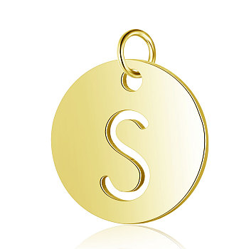 304 Stainless Steel Charms, Flat Round with Letter, Golden, Letter.S, 12x1mm, Hole: 2.5mm