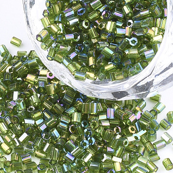 Grade A Glass Seed Beads, Hexagon(Two Cut), Transparent Colours Rainbow, Olive Drab, 1.5~2.5x1.5~2mm, Hole: 0.8mm, about 2100pcs/bag, 450g/bag