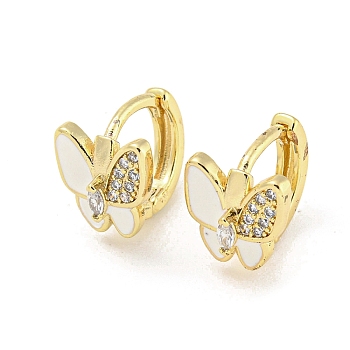 Butterfly Real 18K Gold Plated Brass Hoop Earrings, with Enamel and Clear Cubic Zirconia, White, 10.5x9mm