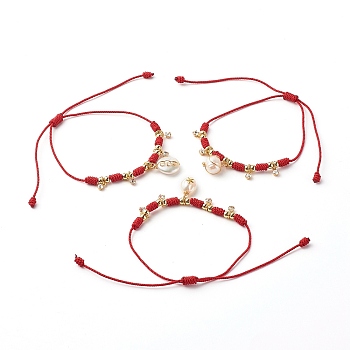 Adjustable Nylon Thread Cord Bracelets, with Alloy Natural Pearl & Brass Rhinestone Charms, Red, 1/8 inch(0.4cm), Inner Diameter: 1 inch(2.5~10cm), 3pcs/set