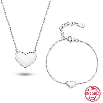 Rhodium Plated 925 Sterling Silver Heart Jewelry Set, Enamel Pendant Necklaces and Link Bracelet, Platinum, 5.12 inch(13cm), 12.20 inch(31cm)