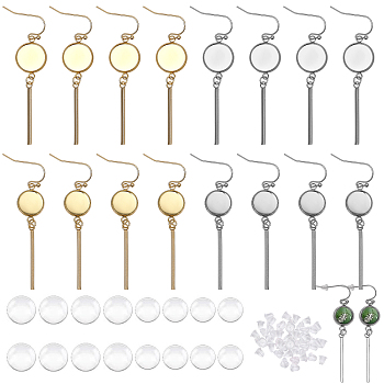 8 Pairs 4 Styles Blank Dome Glass Dangle Earrings, Flat Round & Bar 304 Stainless Steel Drop Earrings for Women, Golden & Stainless Steel Color, 55~56mm, Pin: 0.6mm, 2 Pairs/style