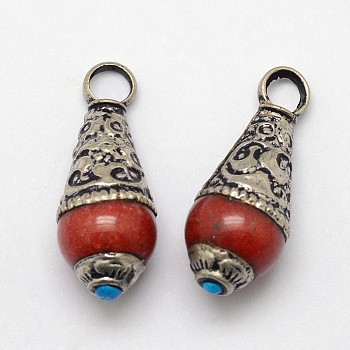 Brass Drop Pendants, with Resin Imitation Gemstone and Antique Silver, Dark Red, 26~28x11mm, Hole: 4mm