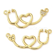 Rack Plating Brass Micro Pave Clear Cubic Zirconia Connector Charms, Heart Licenses Links, Lead Free & Cadmium Free, Long-Lasting Plated, Real 18K Gold Plated, 13x30x2mm, Hole: 1.2mm(KK-C030-20G)