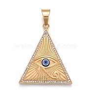 304 Stainless Steel Pendants, with Crystal Rhinestone and Resin, Triangle with Egyptian Eye of Horus, Golden, 48x40.5x7mm, Hole: 8x11mm(STAS-K214-12G)