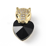 Real 18K Gold Plated Rack Plating Brass Micro Pave Clear Cubic Zirconia Pendants, with Glass, Long-Lasting Plated, Cadmium Free & Lead Free, Leopard with Heart Charm, Black, 20x12x10.5mm, Hole: 5x4mm(KK-C015-19G-06)