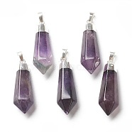 Natural Amethyst Pendants, with Silver Brass Findings, Faceted, Bullet, 40x12x11mm, Hole: 7x5mm(G-P445-E08)