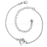 Delicate Silver Plated Brass Cubic Zirconia Anklets, Heart, Clear, Silver, 200mm(AJEW-BB08977)