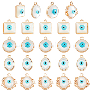 SUPERFINDINGS 32Pcs 4 Style Rack Plating Alloy Enamel Pendants, with Resin Imitation Cat Eye Cabochon, Cadmium Free & Nickel Free & Lead Free, Light Gold, Mixed Shapes, White, 17~20x12~19x5.5~6mm, hole: 1.4~1.8mm, 8pcs/style(FIND-FH0004-13)