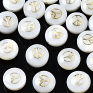 Freshwater Shell Beads, Golden Metal Enlaced, Flat Round with Peace Sign, White, 8.5x3.5~5mm, Hole: 0.8mm(SHEL-T018-18)