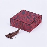 Wooden Bracelet Boxes, with Linen and Nylon Cord Tassel, Square, Brown, 10x10x3.7cm(OBOX-K001-05A)