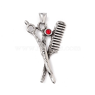 304 Stainless Steel Rhinestone Pendant, Comb and Scissors Shape, Antique Silver, 54x34x5mm, Hole: 8x4mm(STAS-E158-11AS)