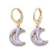 Crescent Moon Real 18K Gold Plated Brass Dangle Leverback Earrings, with Enamel and Cubic Zirconia, Lilac, 29.5x13mm(EJEW-L268-031G-02)