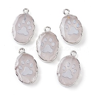 Natural Quartz Crystal Oval Pendants, Platinum Plated Brass Rock Crystal Oval Charms with Paw Print, 22~22.5x13~13.5x4.5mm, Hole: 1.6~1.8mm(G-C102-07P-01)