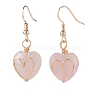 Natural Rose Quartz Heart Dangle Earrings, Gold Plated Brass Wire Wrap Jewelry for Women, 38mm, Pin: 0.7mm(EJEW-JE04948-01)