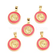 Brass Enamel Pendants, Cadmium Free & Lead Free, Long-Lasting Plated, Flat Round with Virgin Mary, Real 18K Gold Plated, Deep Pink, 18x16x2.5mm, Hole: 4.5x3.5mm(KK-P209-03G-08-RS)