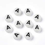 Acrylic Beads, with Enamel and Luminous, Horizontal Hole, Flat Round with Black Letter, Glow in the Dark, Light Grey, Letter.A, 7x3.5mm, Hole: 1.5mm, about 3600~3700pcs/500g(SACR-S273-29A)