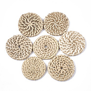 Handmade Reed Cane/Rattan Woven Beads, For Making Straw Earrings and Necklaces, No Hole/Undrilled, Flat Round, Antique White, 37~45x4~6mm(X-WOVE-T006-029A)