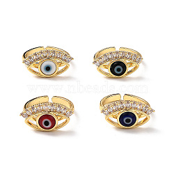 Lampwork Evil Eye Open Cuff Ring with Clear Cubic Zirconia, Real 18K Gold Plated Brass Jewelry for Women, Mixed Color, Inner Diameter: 17mm(RJEW-L104-02G)
