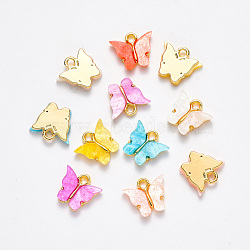Alloy Pendants, with Resin and Glitter Powder, Butterfly, Golden, Mixed Color, 13x13~15x3.5mm, Hole: 2mm(RESI-S385-004-M)