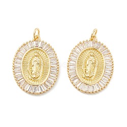 Rack Plating Brass Micro Pave Clear Cubic Zirconia Pendants, Cadmium Free & Nickel Free & Lead Free, Long-Lasting Plated, Oval with Holy Virgin, Real 18K Gold Plated, 26x19.5x3mm, Hole: 3.3mm(KK-D073-12G)