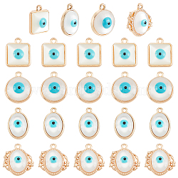 SUPERFINDINGS 32Pcs 4 Style Rack Plating Alloy Enamel Pendants, with Resin Imitation Cat Eye Cabochon, Cadmium Free & Nickel Free & Lead Free, Light Gold, Mixed Shapes, White, 17~20x12~19x5.5~6mm, hole: 1.4~1.8mm, 8pcs/style(FIND-FH0004-13)