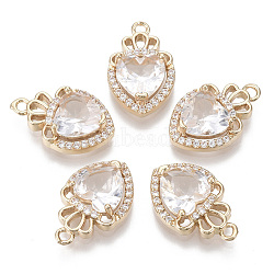 Glass Pendants, with Micro Pave Cubic Zirconia and Brass Open Back Settings, Faceted, Heart with Crown, Light Gold, Clear, 17.5x11.5x5.5mm, Hole: 1.4mm(X-GLAA-T021-14E)