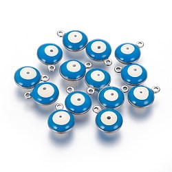 304 Stainless Steel Enamel Charms, Flat Round with Evil Eye, Stainless Steel Color, Deep Sky Blue, 8.5x6x3.5mm, Hole: 1.2mm(STAS-O123-A-09P)