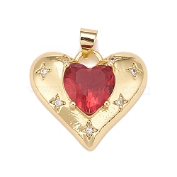 Brass Micro Pave Cubic Zirconia Pendants, Real 18K Gold Plated, Lead Free & Cadmium Free, Heart, Crimson, 20x23x7mm, Hole: 4x3mm(KK-A161-32G-A)