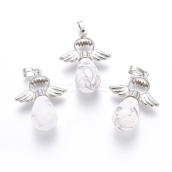 Natural Howlite Pendants, with Platinum Tone Brass Findings, Angel, 39x28x14mm, Hole: 5x7mm(G-J386-G14)