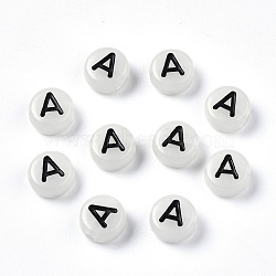 Acrylic Beads, with Enamel and Luminous, Horizontal Hole, Flat Round with Black Letter, Glow in the Dark, Light Grey, Letter.A, 7x3.5mm, Hole: 1.5mm, about 3600~3700pcs/500g(SACR-S273-29A)