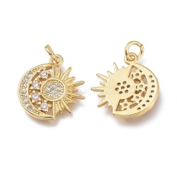 Brass Micro Pave Clear Cubic Zirconia Pendants, with Jump Rings, Long-Lasting Plated, Moon & Sun, Real 18K Gold Plated, 15.5x14x2mm, Jump Ring: 4.3x0.8mm, Hole: 3mm(X-ZIRC-Q023-09G)