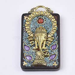 Buddha Theme Handmade Indonesia Big Pendants, with Alloy Findings, Red Sandalwood and Resin, Antique Golden, Rectangle with Ganesha, Dark Turquoise, 57~58x32~33.5x13mm, Hole: 9x6mm(X-IPDL-N002-76)