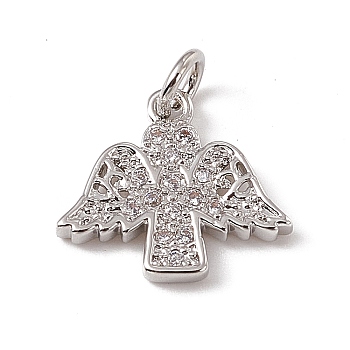 Brass Micro Pave Clear Cubic Zirconia Pendants, Angel Charms, with Open Jump Rings, Platinum, 12.5x13.5x1.5mm, Hole: 2.7mm
