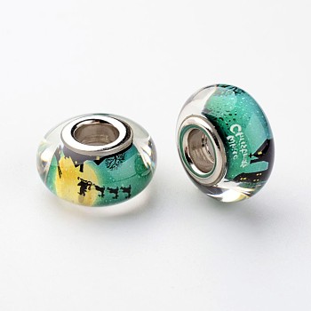 Large Hole Rondelle Resin European Beads, with Platinum Tone Brass Double Cores, Christmas, Cyan, 14x8mm, Hole: 5mm