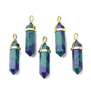 Synthetic Turquoise Pointed Pendants, with Random Brass Pendant Hexagon Bead Cap Bails, Golden, Bullet, 38.5~40x12~12.5x10~11mm, Hole: 3x4.5mm