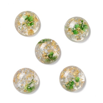 Transparent Resin Cabochons, with Flower, Gold & Silver Foil, Half Round, Lime Green, 17.5x7.5mm