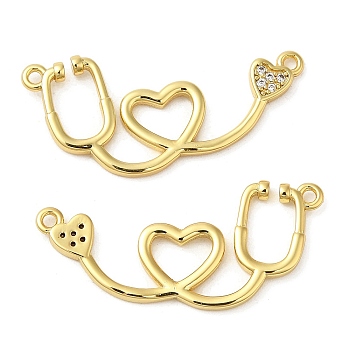 Rack Plating Brass Micro Pave Clear Cubic Zirconia Connector Charms, Heart Licenses Links, Lead Free & Cadmium Free, Long-Lasting Plated, Real 18K Gold Plated, 13x30x2mm, Hole: 1.2mm