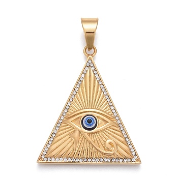 304 Stainless Steel Pendants, with Crystal Rhinestone and Resin, Triangle with Egyptian Eye of Horus, Golden, 48x40.5x7mm, Hole: 8x11mm