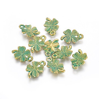 Alloy Charms, Clover, Golden & Green Patina, 15x10x2mm, Hole: 1.4mm