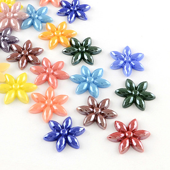 Pearlized Plated Opaque Glass Cabochons, Flower, Mixed Color, 8.5x10x2mm