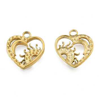 304 Stainless Steel Pendant Rhinestone Settings, Heart with Sun, Real 18K Gold Plated, Fit For 1mm Rhinestone, 19x17x2mm, Hole: 2mm